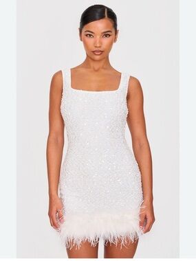 PrettyLittleThing White Sequin Feather Trim Mini Dress